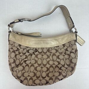 COACH Brown Tan Purse Handbag Bag Jacquard Gold Leather Buckle Strap Vintage